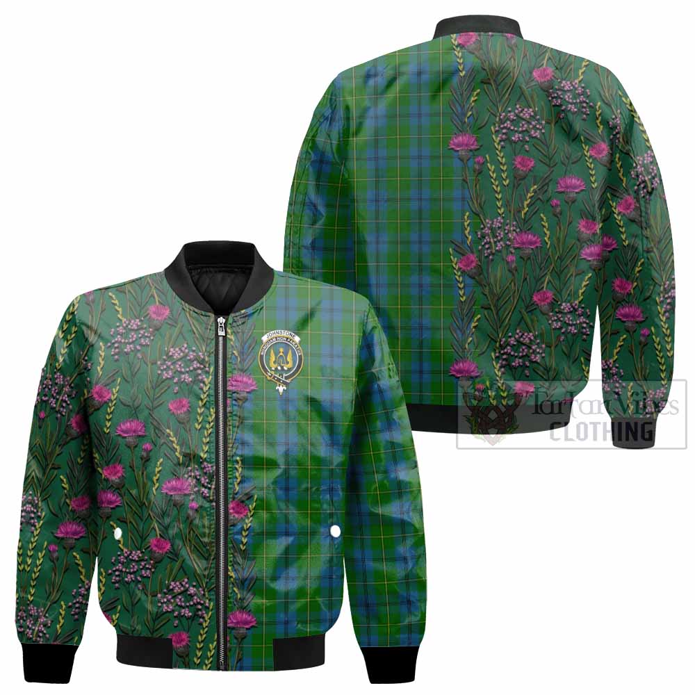 Johnstone (Johnston) Family Crest Tartan Bomber Jacket Scottish Thistle Flower Pattern Half Style - Tartan Vibes Clothing