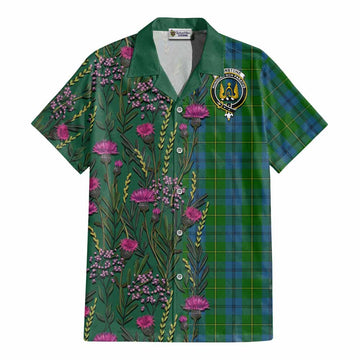 Johnstone (Johnston) Family Crest Tartan Cotton Hawaiian Shirt Scottish Thistle Flower Pattern Half Style