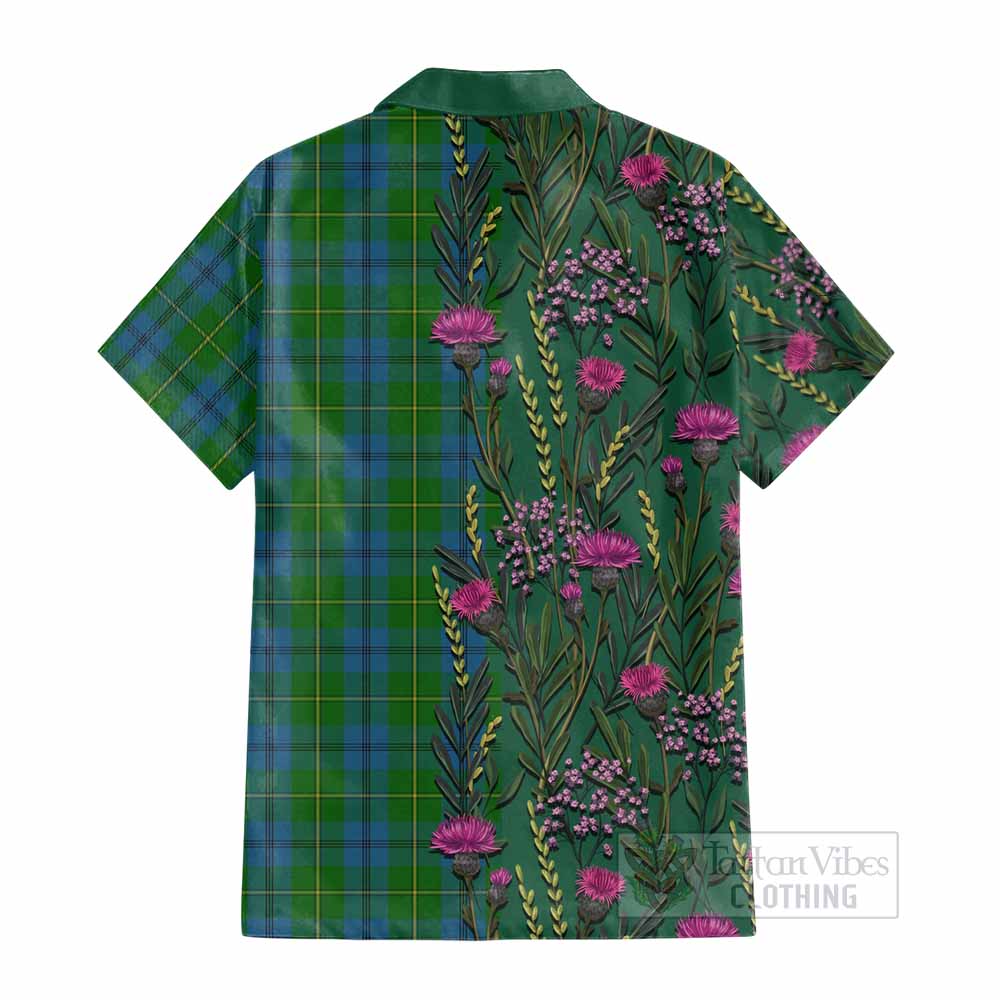 Johnstone (Johnston) Family Crest Tartan Cotton Hawaiian Shirt Scottish Thistle Flower Pattern Half Style - Tartan Vibes Clothing