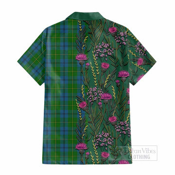 Johnstone (Johnston) Family Crest Tartan Cotton Hawaiian Shirt Scottish Thistle Flower Pattern Half Style