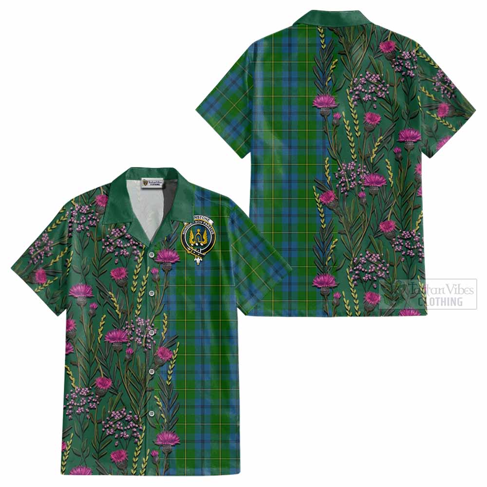 Johnstone (Johnston) Family Crest Tartan Cotton Hawaiian Shirt Scottish Thistle Flower Pattern Half Style - Tartan Vibes Clothing