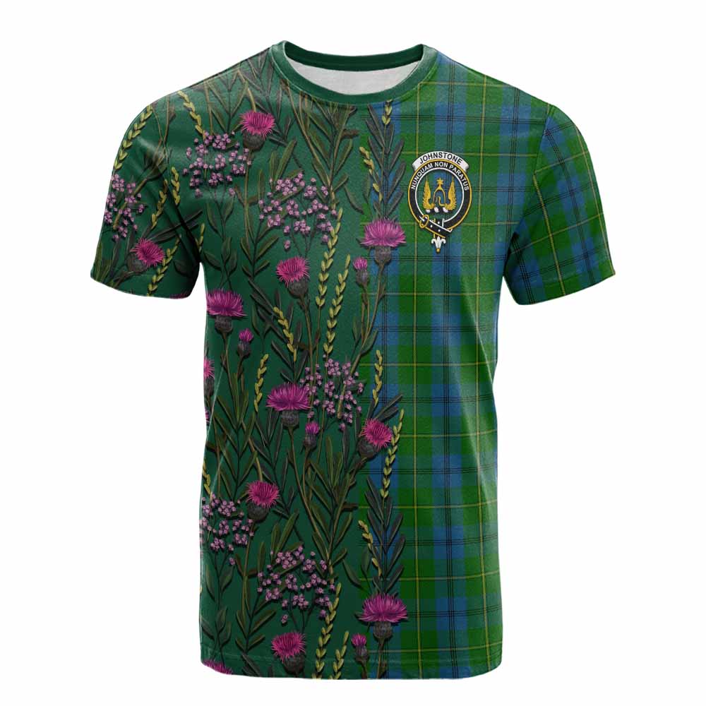 Johnstone (Johnston) Family Crest Tartan Cotton T-shirt Scottish Thistle Flower Pattern Half Style - Tartan Vibes Clothing