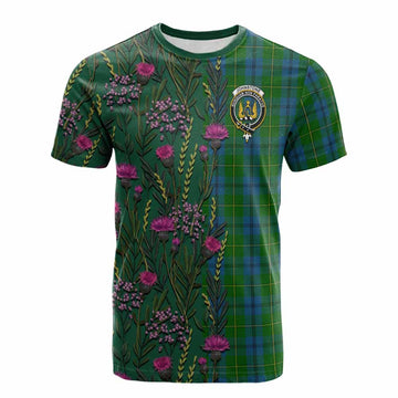 Johnstone (Johnston) Family Crest Tartan Cotton T-shirt Scottish Thistle Flower Pattern Half Style