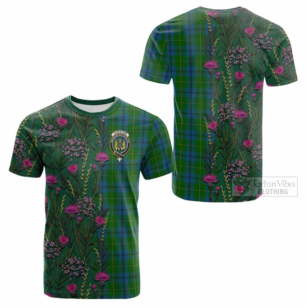 Johnstone (Johnston) Family Crest Tartan Cotton T-shirt Scottish Thistle Flower Pattern Half Style - Tartan Vibes Clothing