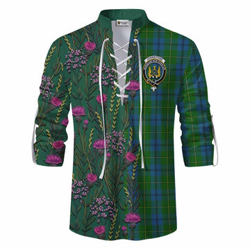 Johnstone (Johnston) Family Crest Tartan Ghillie Shirt Scottish Thistle Flower Pattern Half Style