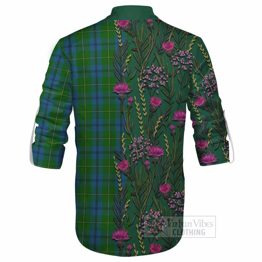 Johnstone (Johnston) Family Crest Tartan Ghillie Shirt Scottish Thistle Flower Pattern Half Style - Tartan Vibes Clothing