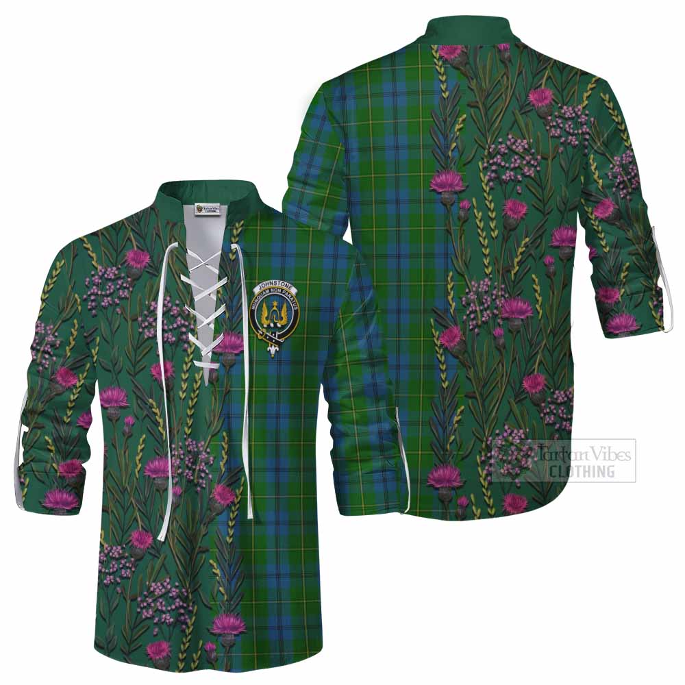 Johnstone (Johnston) Family Crest Tartan Ghillie Shirt Scottish Thistle Flower Pattern Half Style - Tartan Vibes Clothing