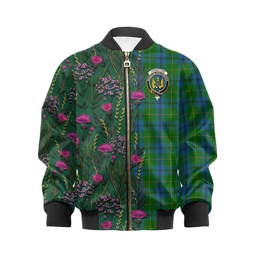 Johnstone (Johnston) Family Crest Tartan Kid Bomber Jacket Scottish Thistle Flower Pattern Half Style - Tartan Vibes Clothing