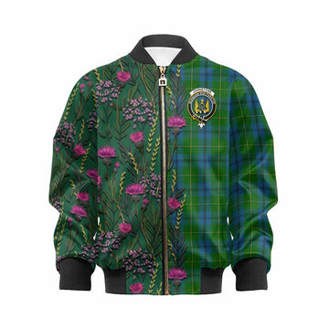 Johnstone (Johnston) Family Crest Tartan Kid Bomber Jacket Scottish Thistle Flower Pattern Half Style