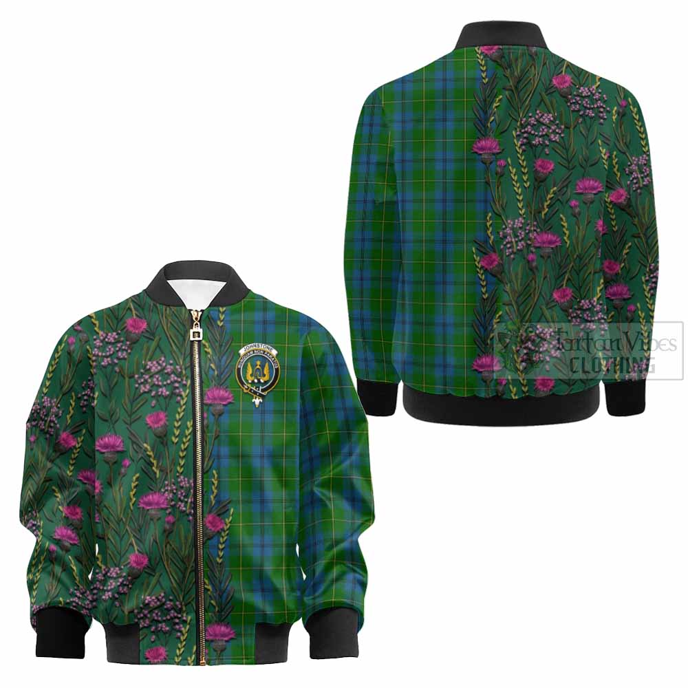Johnstone (Johnston) Family Crest Tartan Kid Bomber Jacket Scottish Thistle Flower Pattern Half Style - Tartan Vibes Clothing