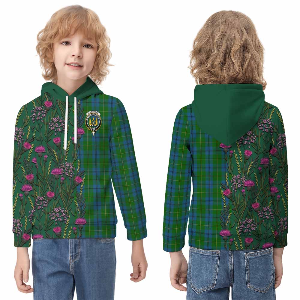 Johnstone (Johnston) Family Crest Tartan Kid Hoodie Scottish Thistle Flower Pattern Half Style - Tartan Vibes Clothing