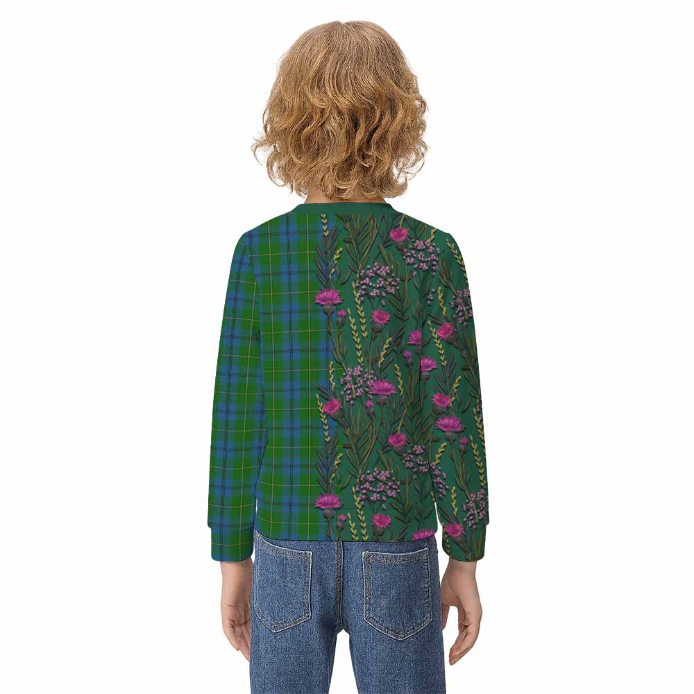 Johnstone (Johnston) Family Crest Tartan Kid Knitted Sweatshirt Scottish Thistle Flower Pattern Half Style - Tartan Vibes Clothing