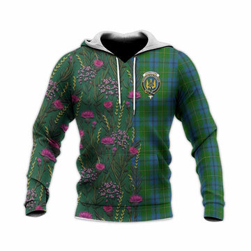Johnstone (Johnston) Family Crest Tartan Knitted Hoodie Scottish Thistle Flower Pattern Half Style - Tartan Vibes Clothing