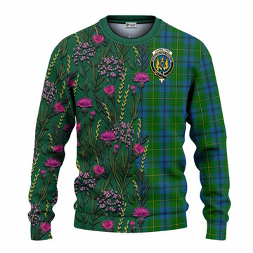 Johnstone (Johnston) Family Crest Tartan Knitted Sweater Scottish Thistle Flower Pattern Half Style