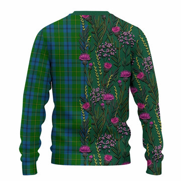 Johnstone (Johnston) Family Crest Tartan Knitted Sweater Scottish Thistle Flower Pattern Half Style