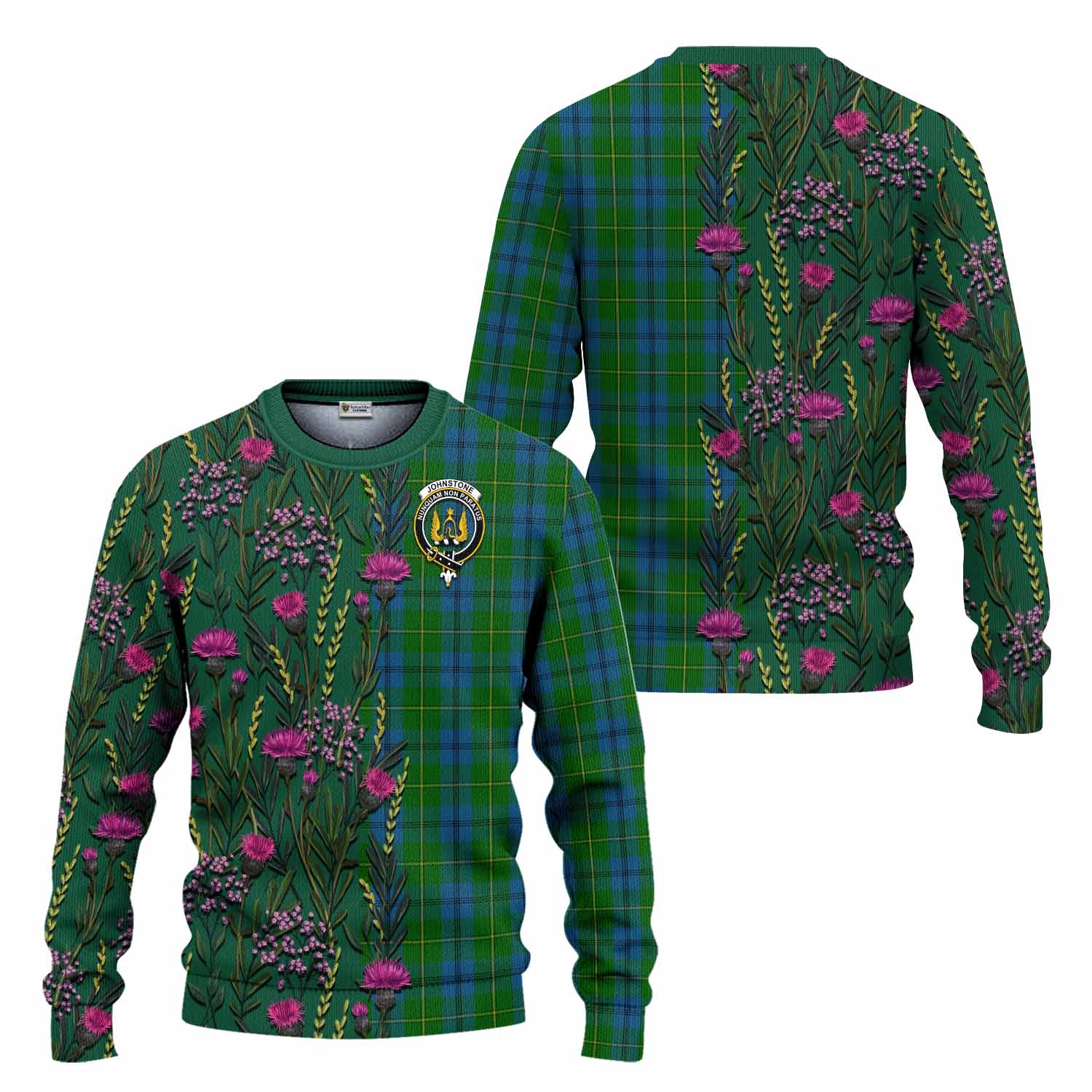 Johnstone (Johnston) Family Crest Tartan Knitted Sweater Scottish Thistle Flower Pattern Half Style - Tartan Vibes Clothing