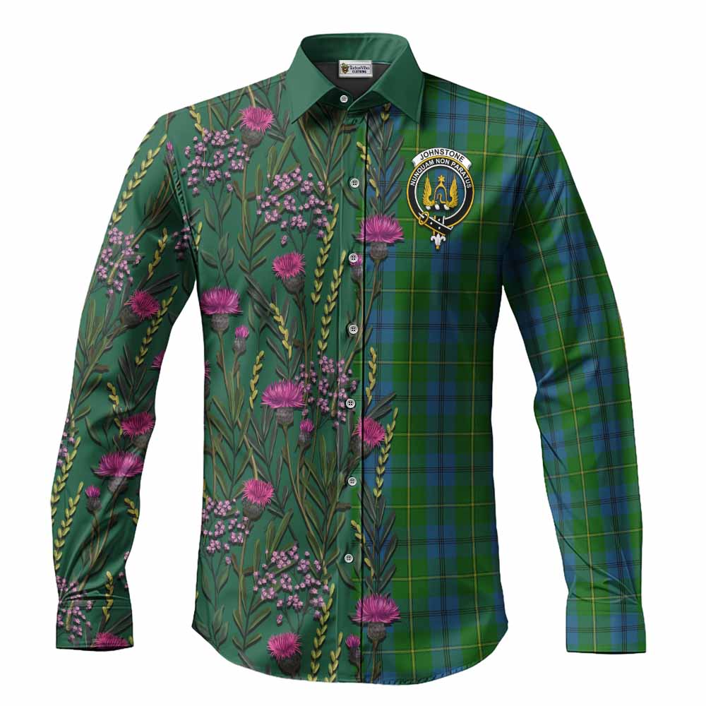 Johnstone (Johnston) Family Crest Tartan Long Sleeve Button Shirts Scottish Thistle Flower Pattern Half Style - Tartan Vibes Clothing