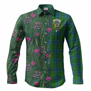 Johnstone (Johnston) Family Crest Tartan Long Sleeve Button Shirts Scottish Thistle Flower Pattern Half Style
