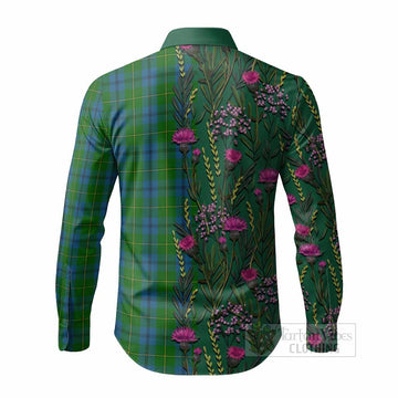 Johnstone (Johnston) Family Crest Tartan Long Sleeve Button Shirts Scottish Thistle Flower Pattern Half Style