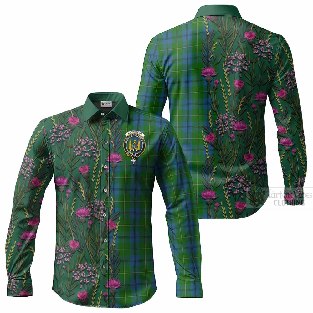 Johnstone (Johnston) Family Crest Tartan Long Sleeve Button Shirts Scottish Thistle Flower Pattern Half Style - Tartan Vibes Clothing