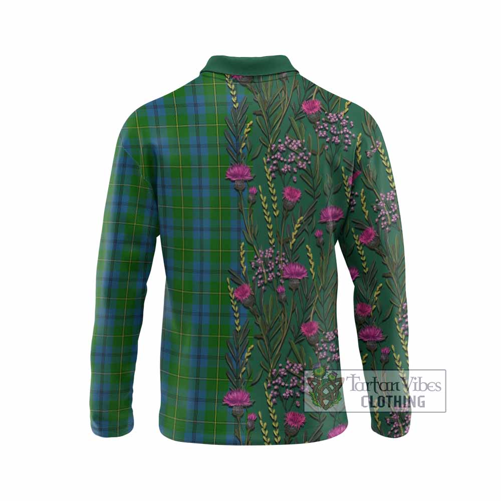 Johnstone (Johnston) Family Crest Tartan Long Sleeve Polo Shirt Scottish Thistle Flower Pattern Half Style - Tartan Vibes Clothing
