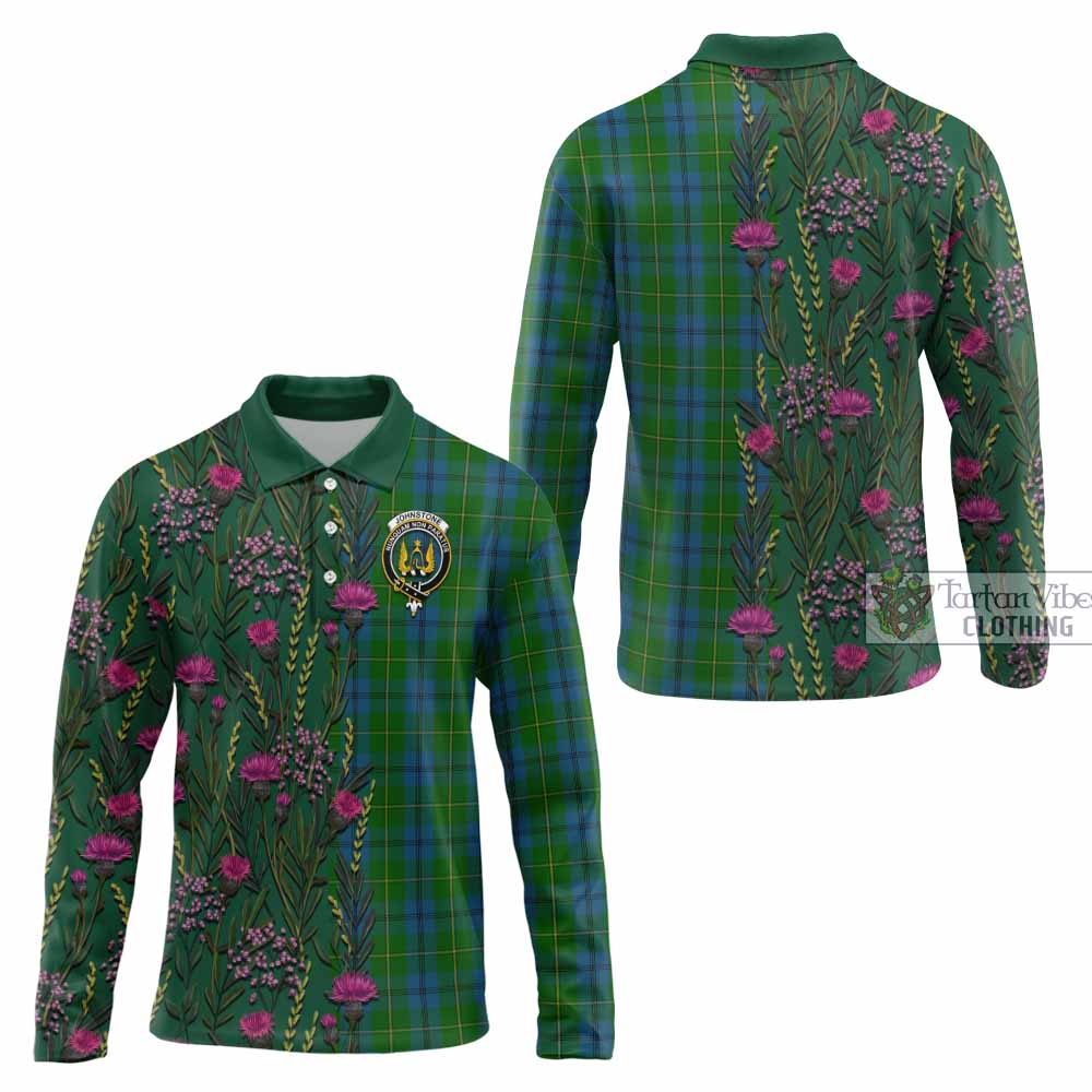 Johnstone (Johnston) Family Crest Tartan Long Sleeve Polo Shirt Scottish Thistle Flower Pattern Half Style - Tartan Vibes Clothing