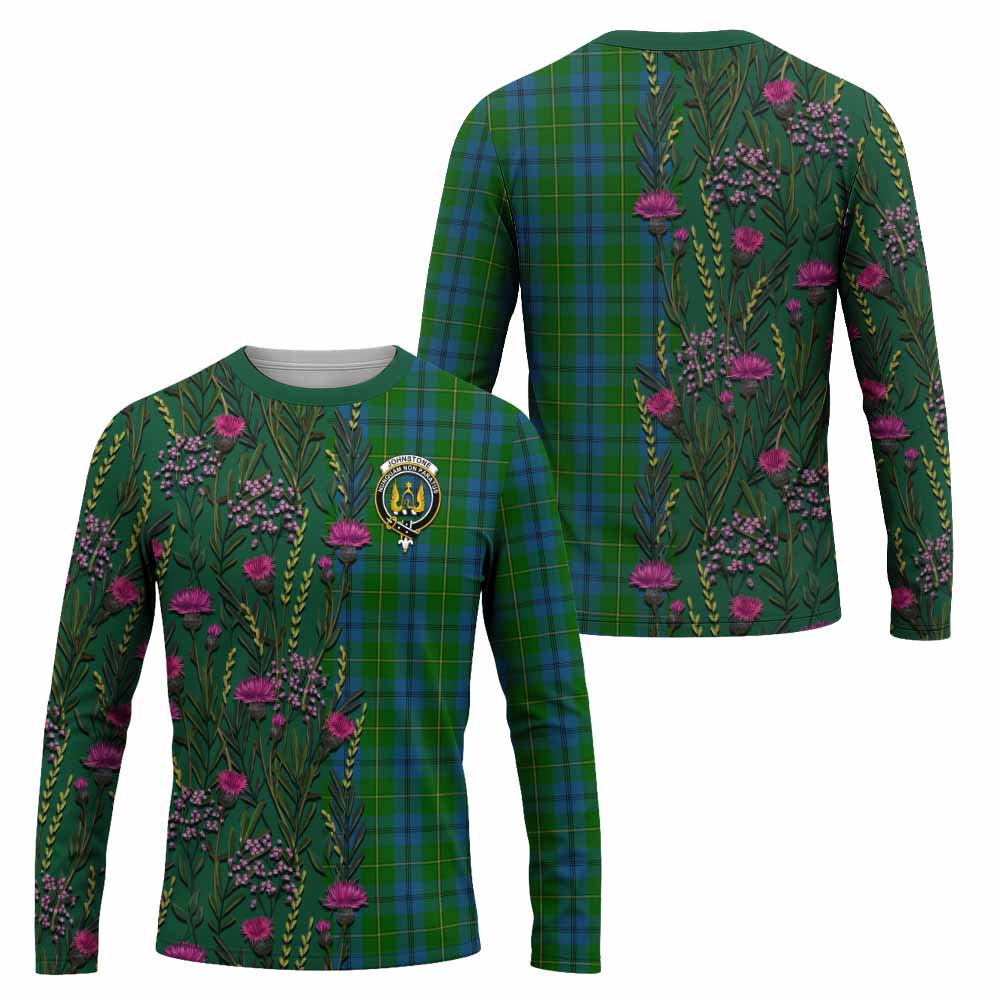 Johnstone (Johnston) Family Crest Tartan Long Sleeve T-Shirt Scottish Thistle Flower Pattern Half Style - Tartan Vibes Clothing