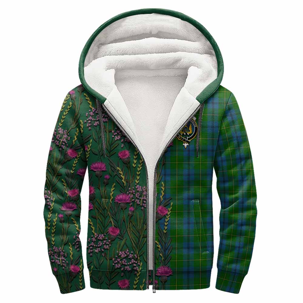 Johnstone (Johnston) Family Crest Tartan Sherpa Hoodie Scottish Thistle Flower Pattern Half Style - Tartan Vibes Clothing