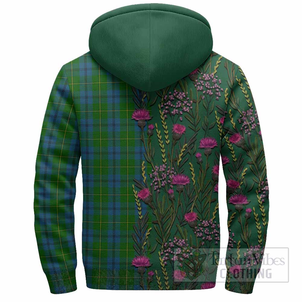 Johnstone (Johnston) Family Crest Tartan Sherpa Hoodie Scottish Thistle Flower Pattern Half Style - Tartan Vibes Clothing