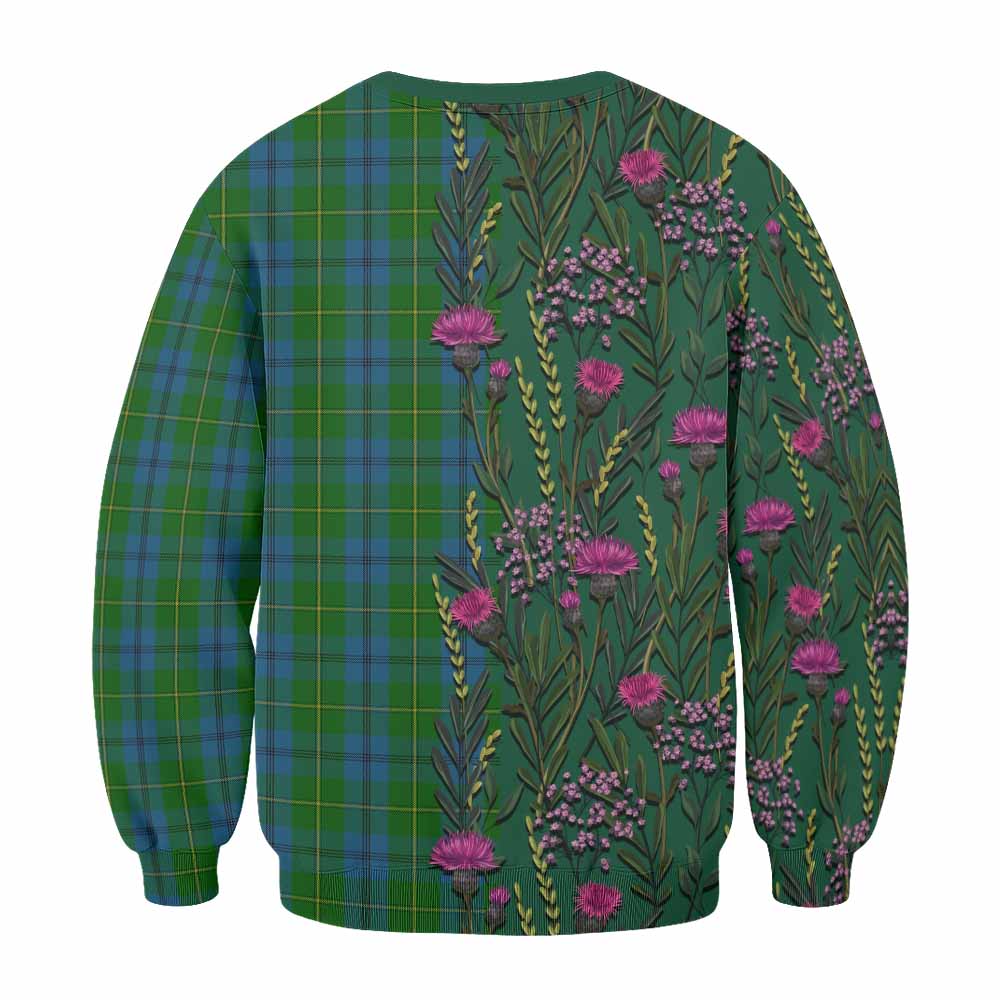 Johnstone (Johnston) Family Crest Tartan Sweatshirt Scottish Thistle Flower Pattern Half Style - Tartan Vibes Clothing