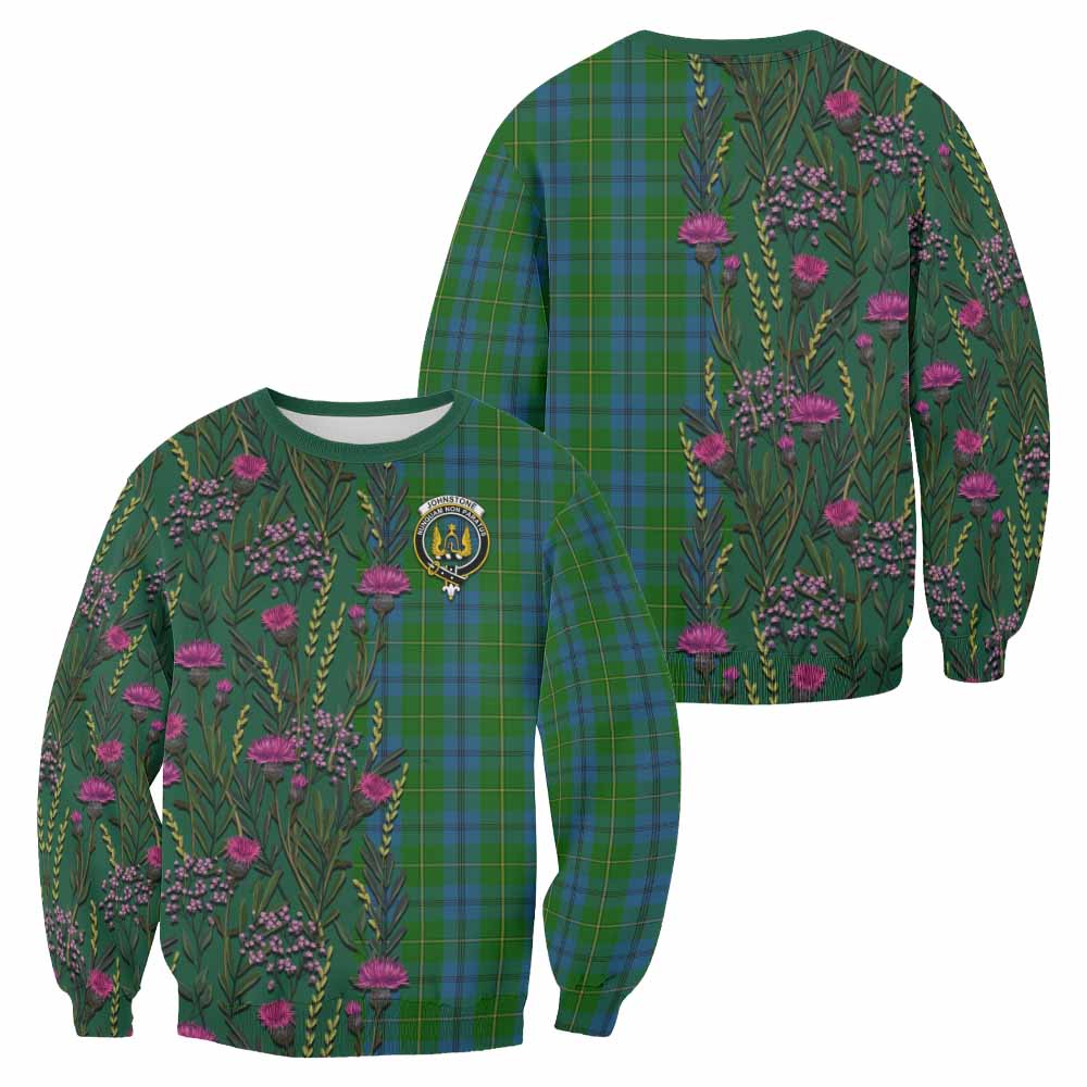 Johnstone (Johnston) Family Crest Tartan Sweatshirt Scottish Thistle Flower Pattern Half Style - Tartan Vibes Clothing