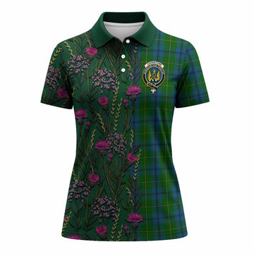 Johnstone (Johnston) Family Crest Tartan Women Polo Shirt Scottish Thistle Flower Pattern Half Style