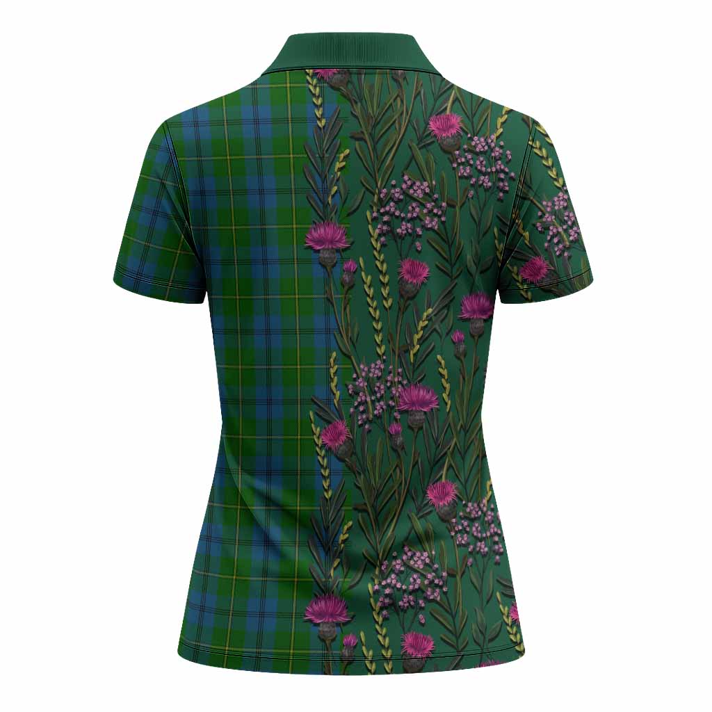 Johnstone (Johnston) Family Crest Tartan Women Polo Shirt Scottish Thistle Flower Pattern Half Style - Tartan Vibes Clothing