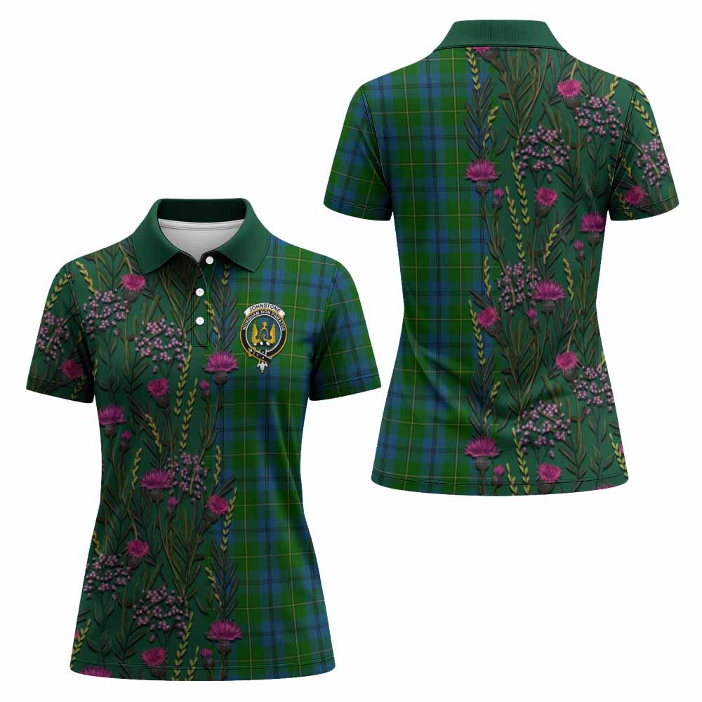 Johnstone (Johnston) Family Crest Tartan Women Polo Shirt Scottish Thistle Flower Pattern Half Style - Tartan Vibes Clothing