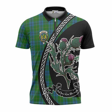 Johnstone (Johnston) Family Crest Tartan Zipper Polo Shirt Alba Thistle Inspired