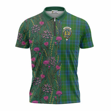 Johnstone (Johnston) Family Crest Tartan Zipper Polo Shirt Scottish Thistle Flower Pattern Half Style
