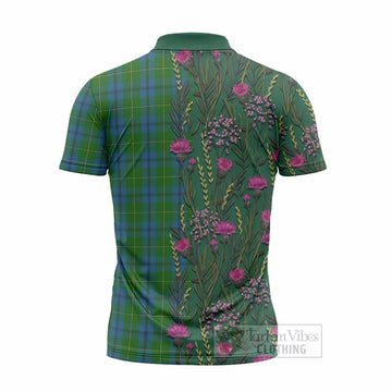 Johnstone (Johnston) Family Crest Tartan Zipper Polo Shirt Scottish Thistle Flower Pattern Half Style