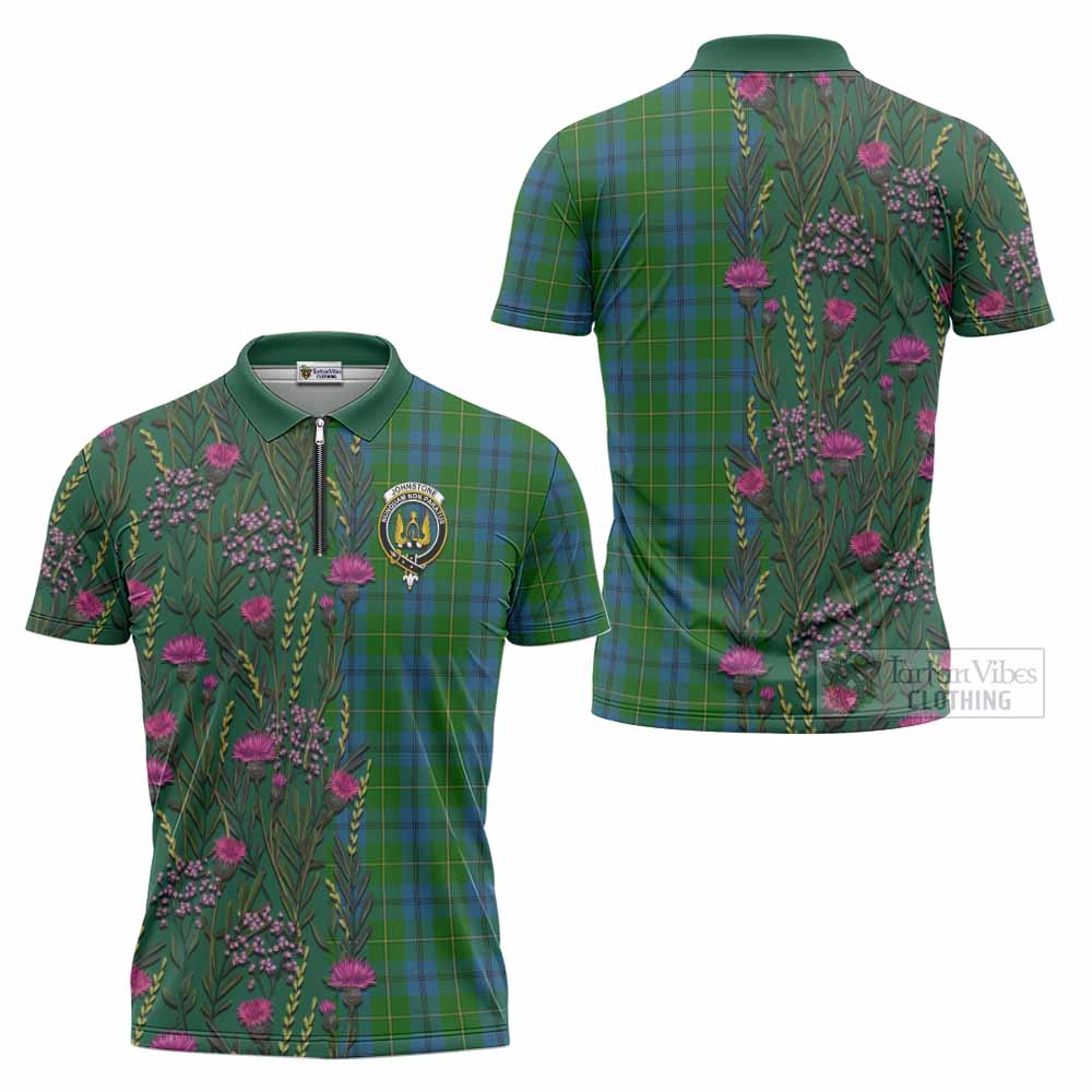 Johnstone (Johnston) Family Crest Tartan Zipper Polo Shirt Scottish Thistle Flower Pattern Half Style - Tartan Vibes Clothing
