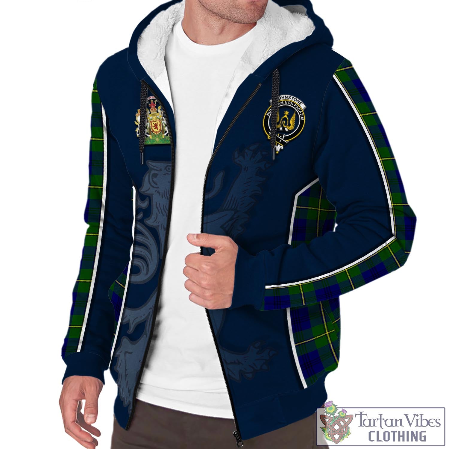Tartan Vibes Clothing Johnstone-Johnston Modern Tartan Sherpa Hoodie with Family Crest and Lion Rampant Vibes Sport Style
