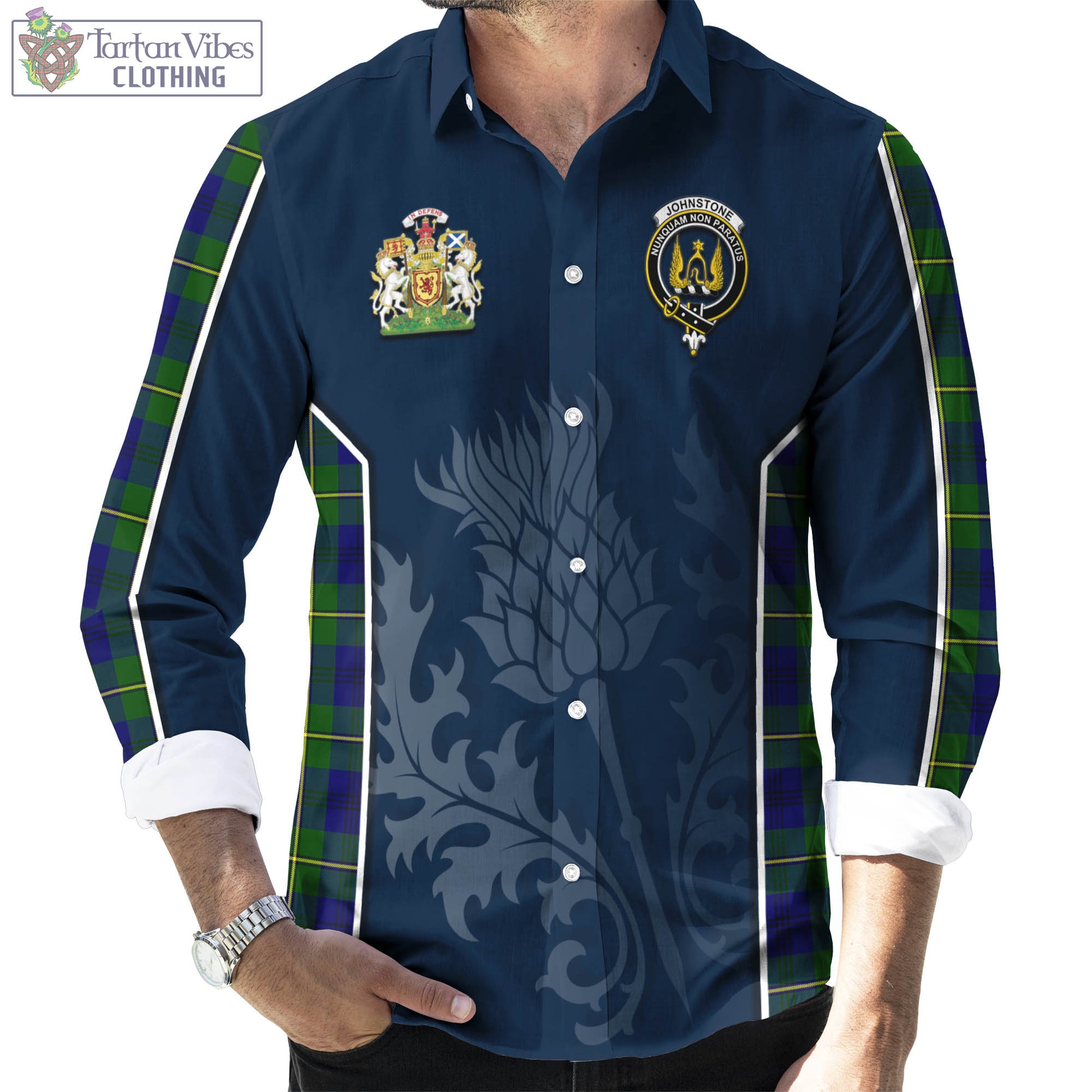 Tartan Vibes Clothing Johnstone-Johnston Modern Tartan Long Sleeve Button Up Shirt with Family Crest and Scottish Thistle Vibes Sport Style