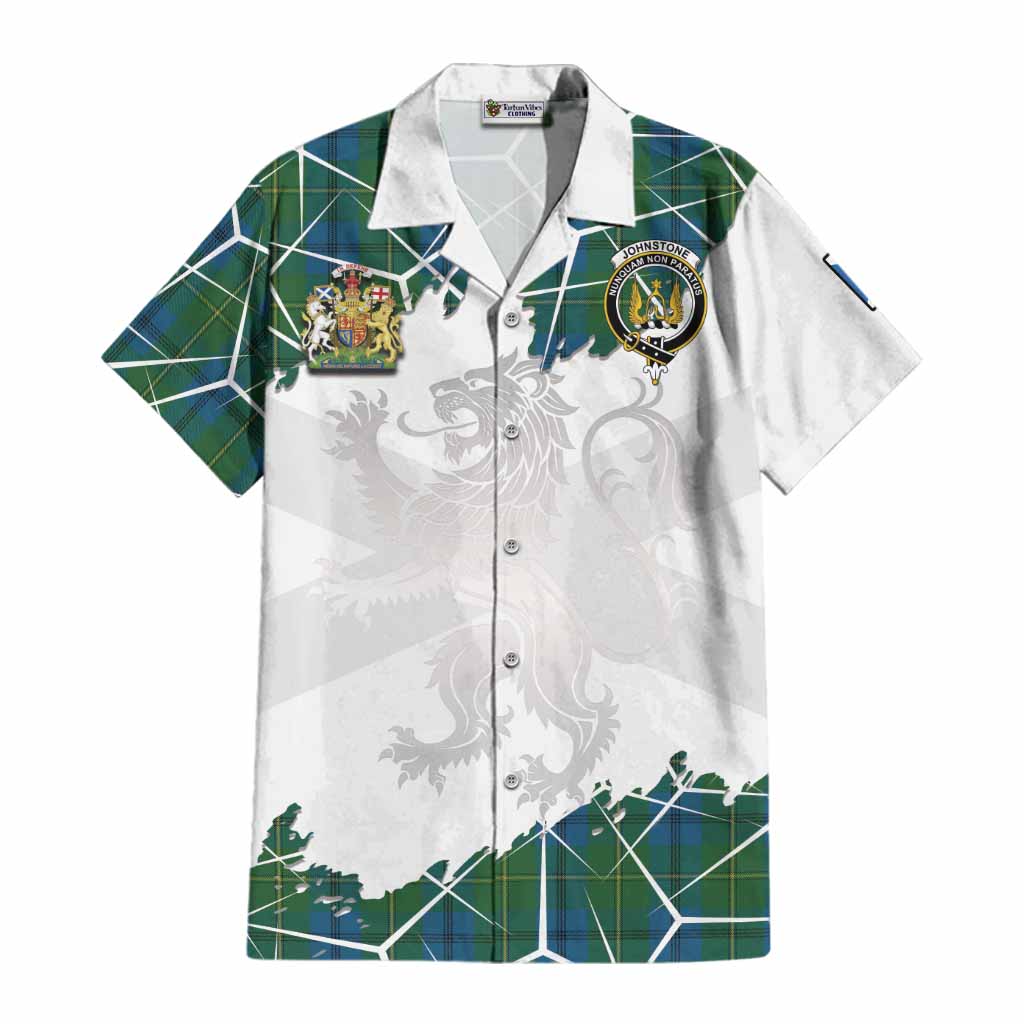 Johnstone (Johnston) Tartan Cotton Hawaiian Shirt with Family Crest and Lion Rampant Grunge Style