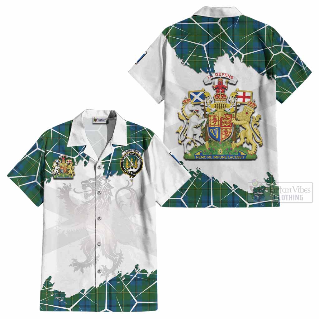 Johnstone (Johnston) Tartan Cotton Hawaiian Shirt with Family Crest and Lion Rampant Grunge Style