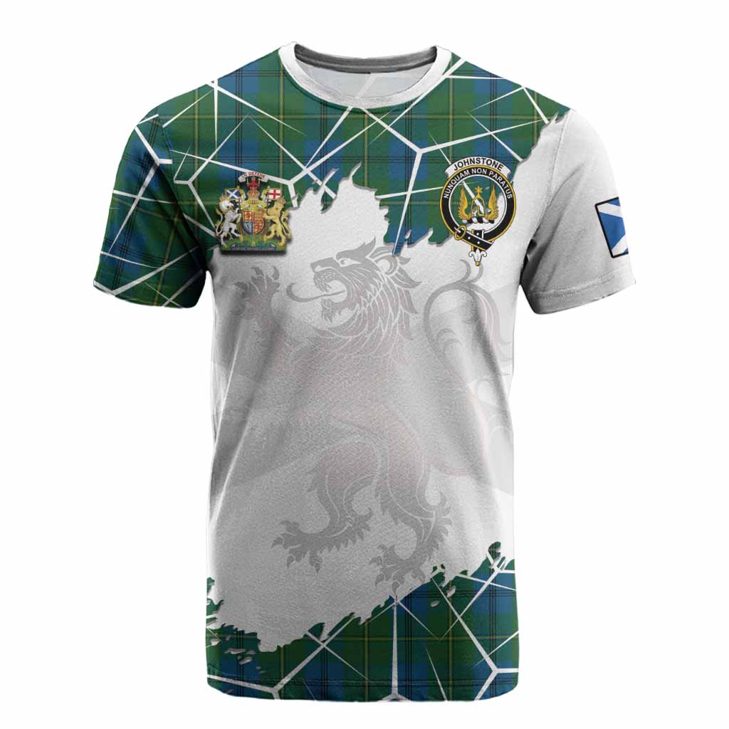 Johnstone (Johnston) Tartan Cotton T-shirt with Family Crest and Lion Rampant Grunge Style