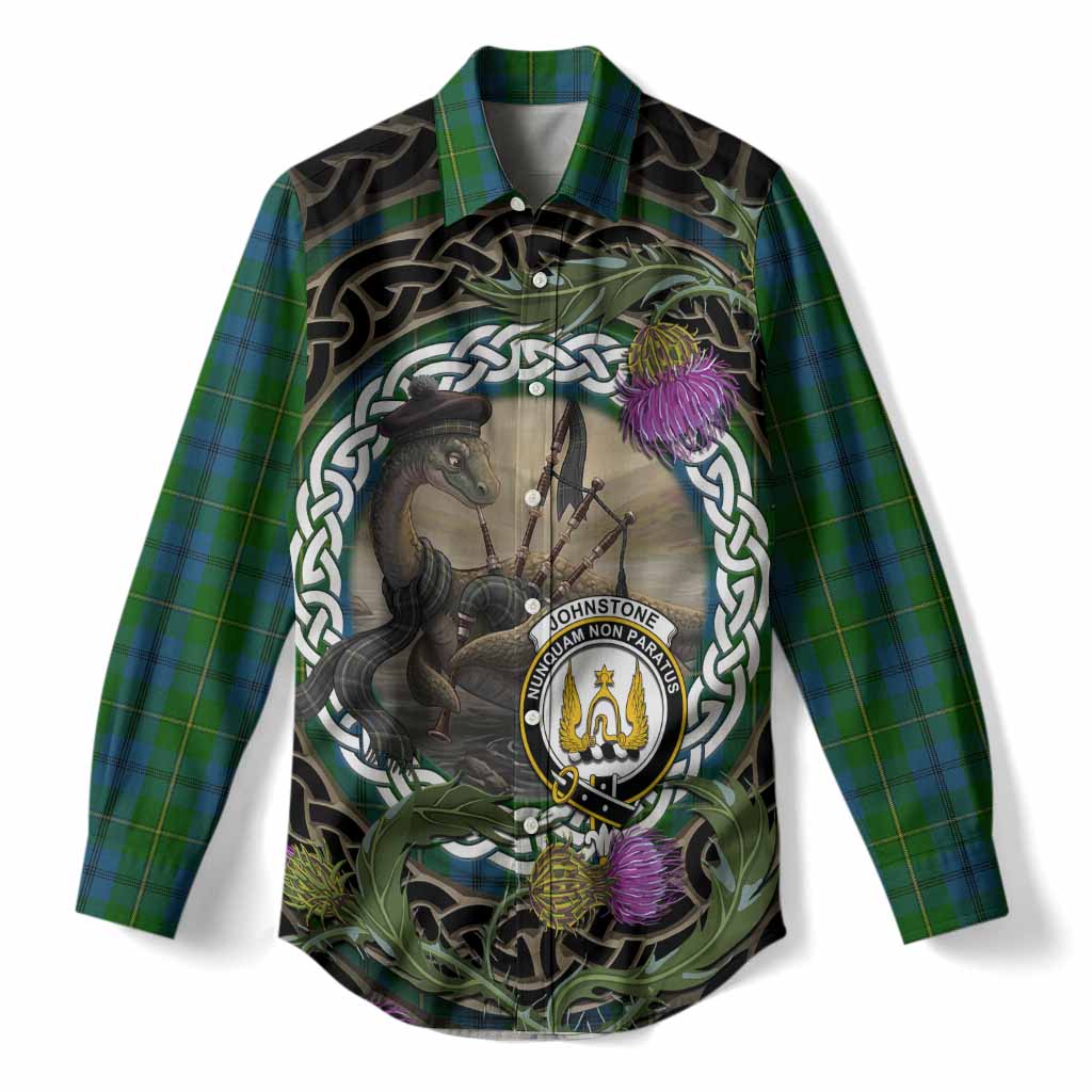 Johnstone (Johnston) Tartan Crest Bagpipe Nessie Women Casual Shirt Scottish Loch Ness Monster Celtic Thistle