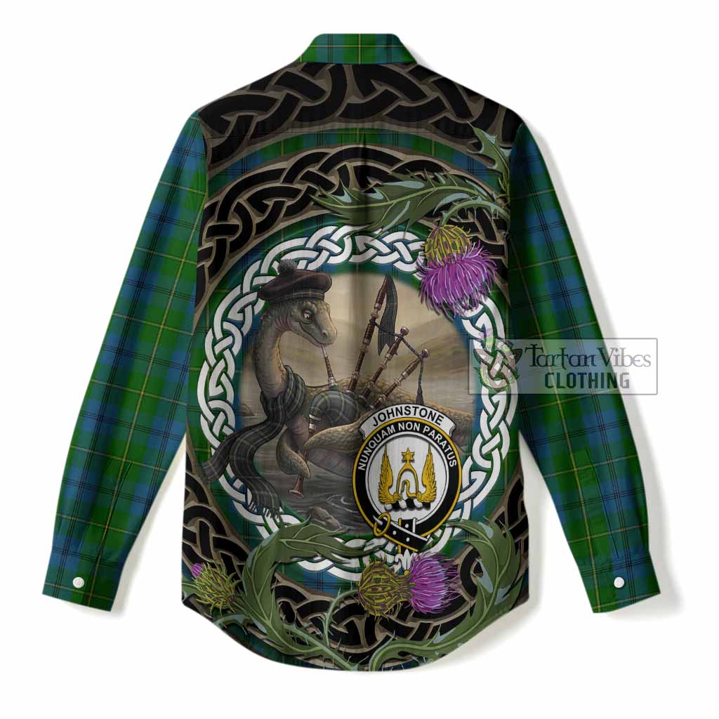 Johnstone (Johnston) Tartan Crest Bagpipe Nessie Women Casual Shirt Scottish Loch Ness Monster Celtic Thistle
