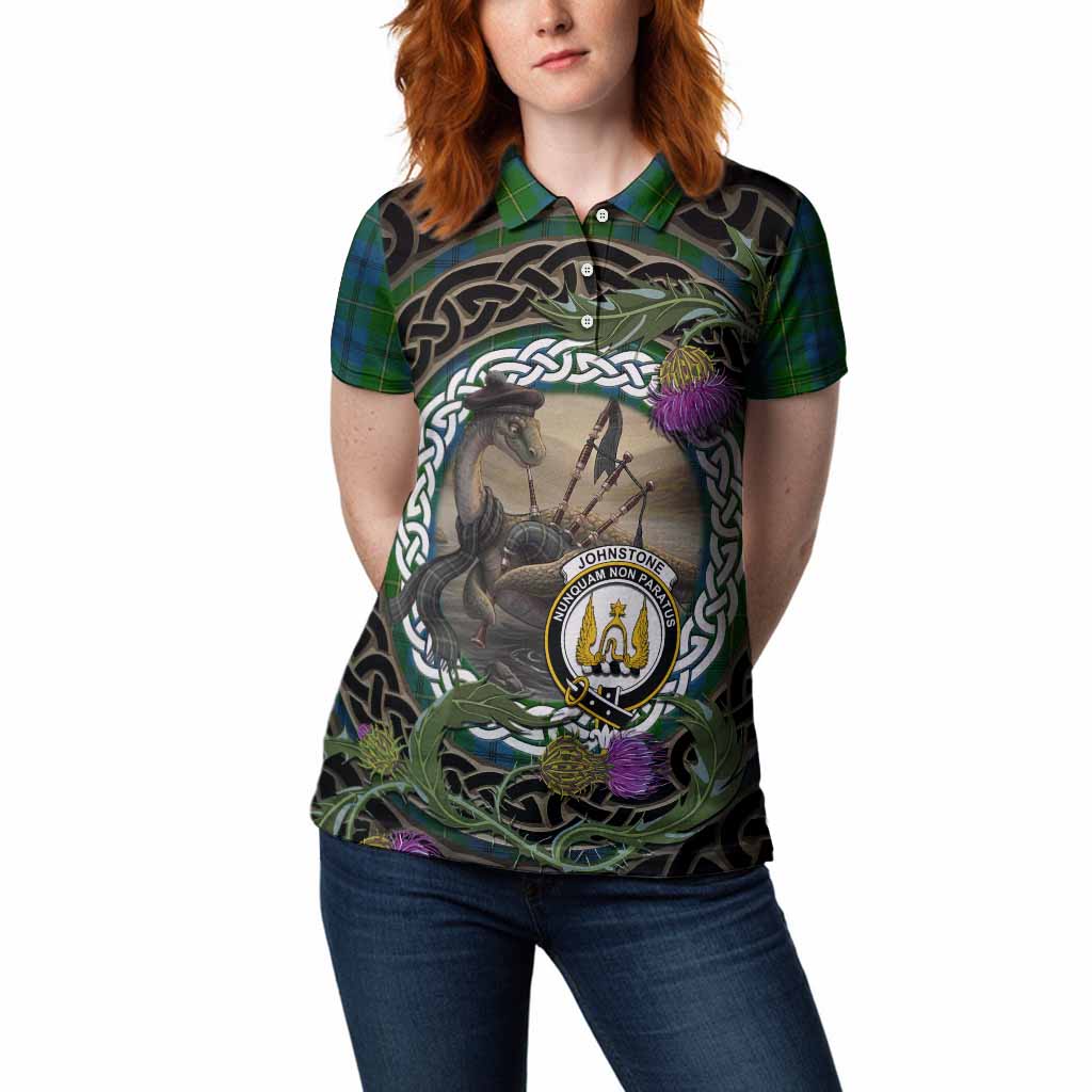 Johnstone (Johnston) Tartan Crest Bagpipe Nessie Women Polo Shirt Scottish Loch Ness Monster Celtic Thistle