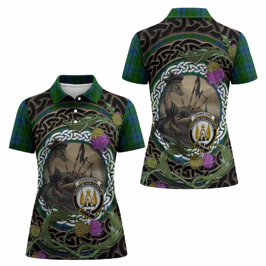 Johnstone (Johnston) Tartan Crest Bagpipe Nessie Women Polo Shirt Scottish Loch Ness Monster Celtic Thistle