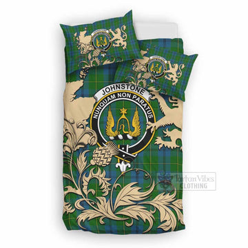 Johnstone (Johnston) Tartan Crest Bedding Set with Scottish Iconic Symbols 