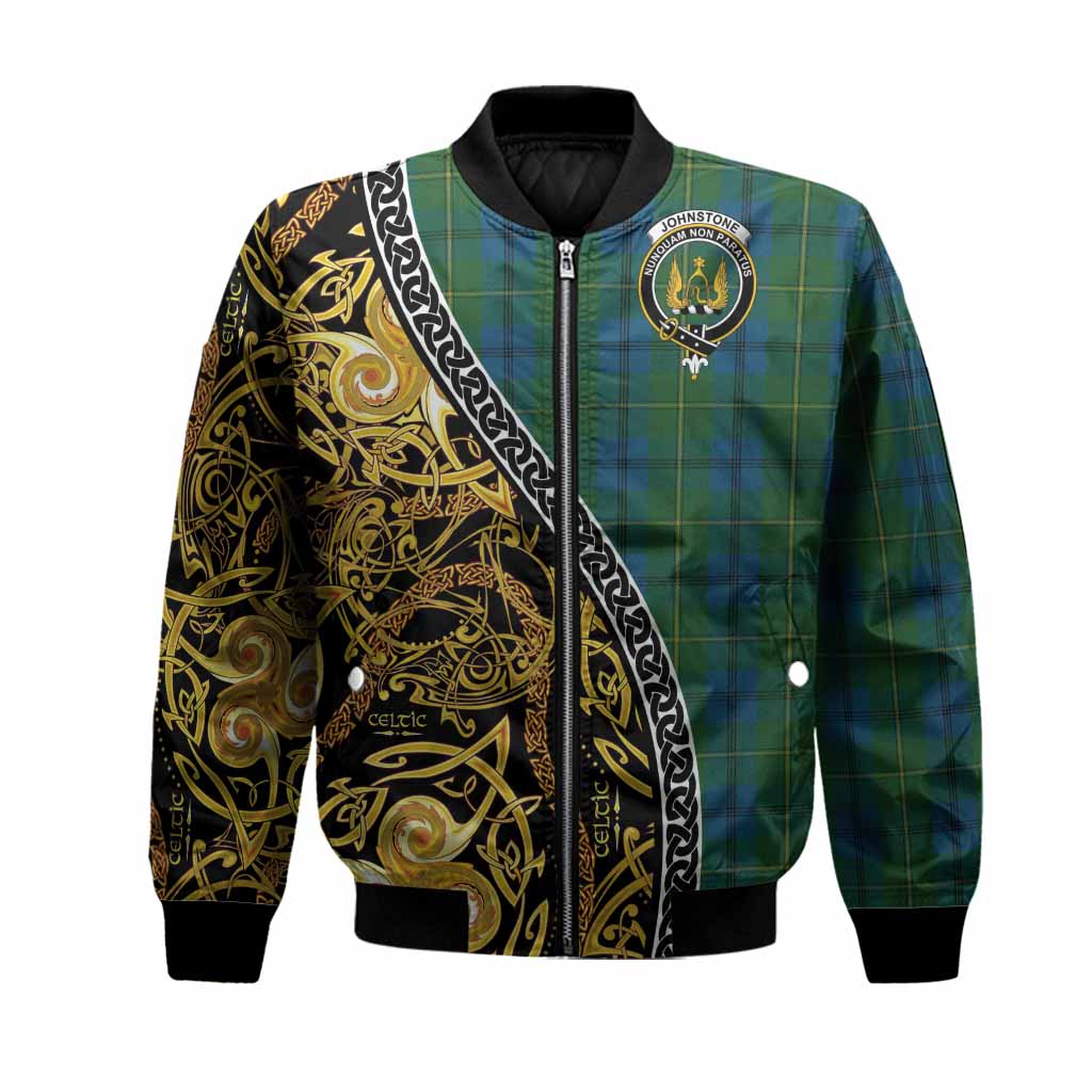 Johnstone (Johnston) Tartan Crest Bomber Jacket Celtic Knot and Triple Trickle Spiral Symbols