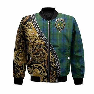 Johnstone (Johnston) Tartan Crest Bomber Jacket Celtic Knot and Triple Trickle Spiral Symbols